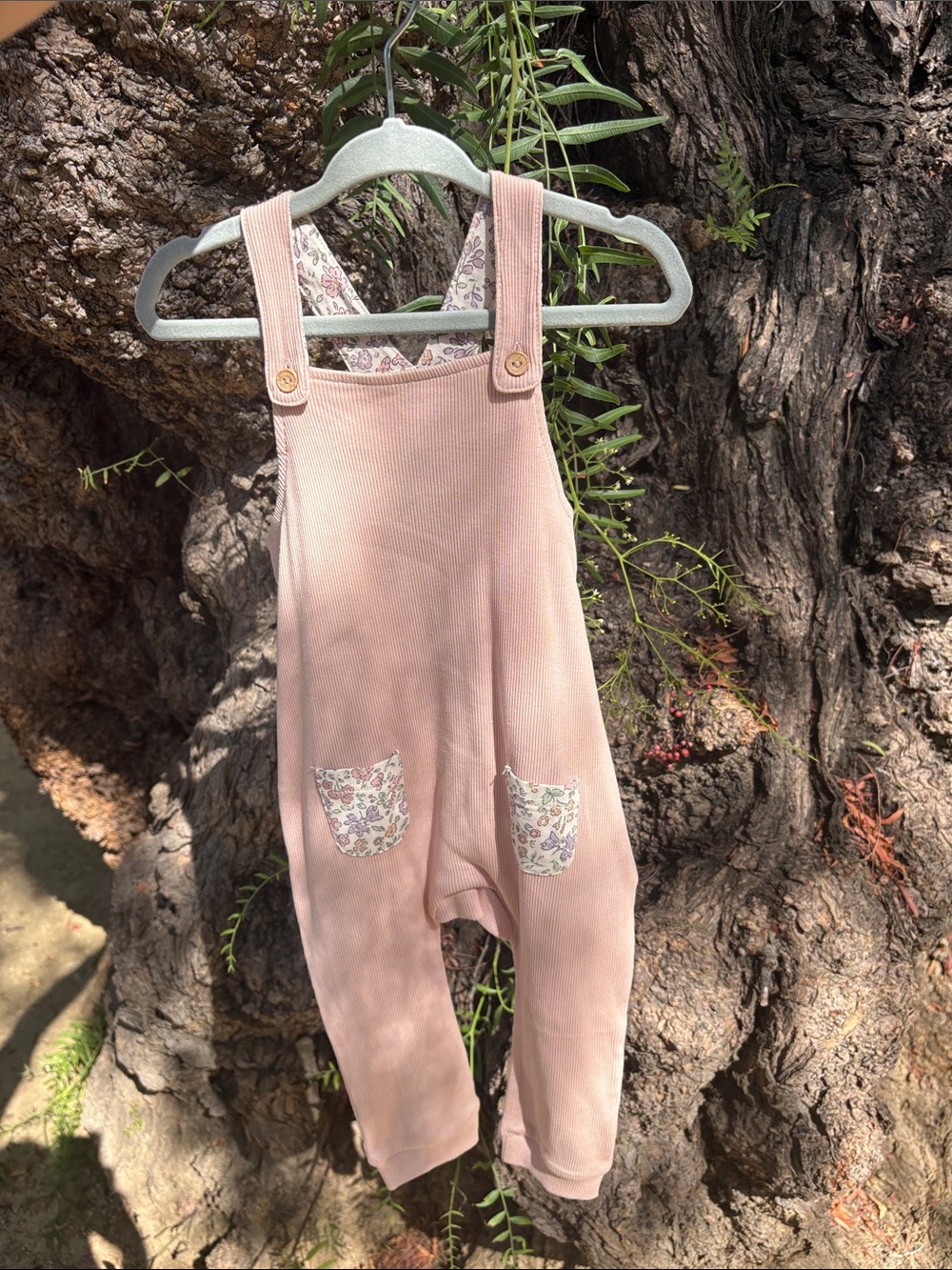 H&M Pale Pink Ribbed Kids Overalls with Floral Pockets